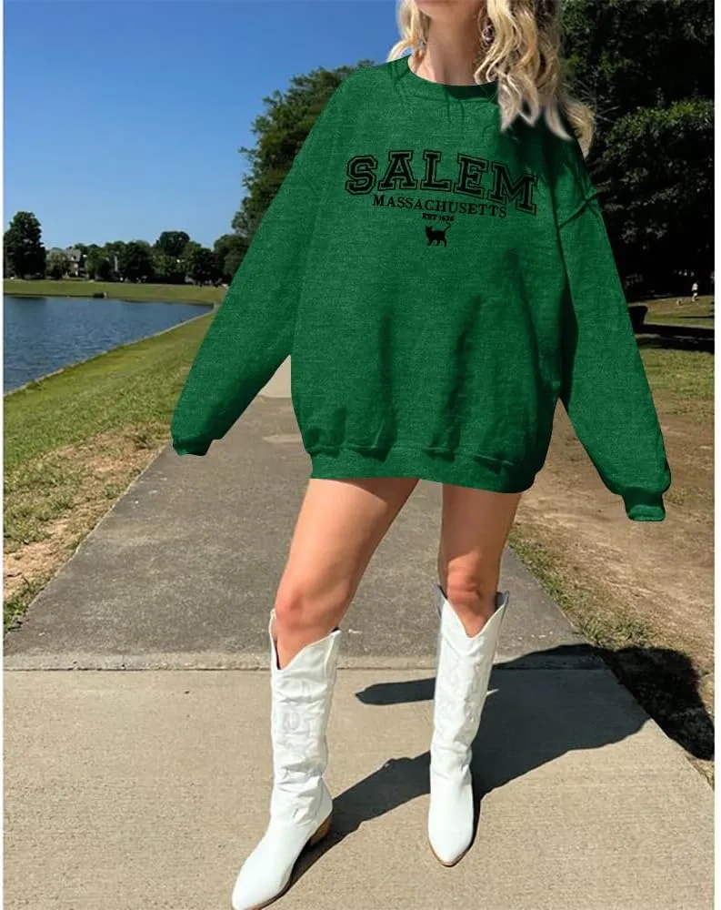 KIMSOONG Halloween Sweatshirts for Women Salem Massachusetts Shirt Fall Oversized Crewneck Sweatshirt Hocus Pocus Pullover