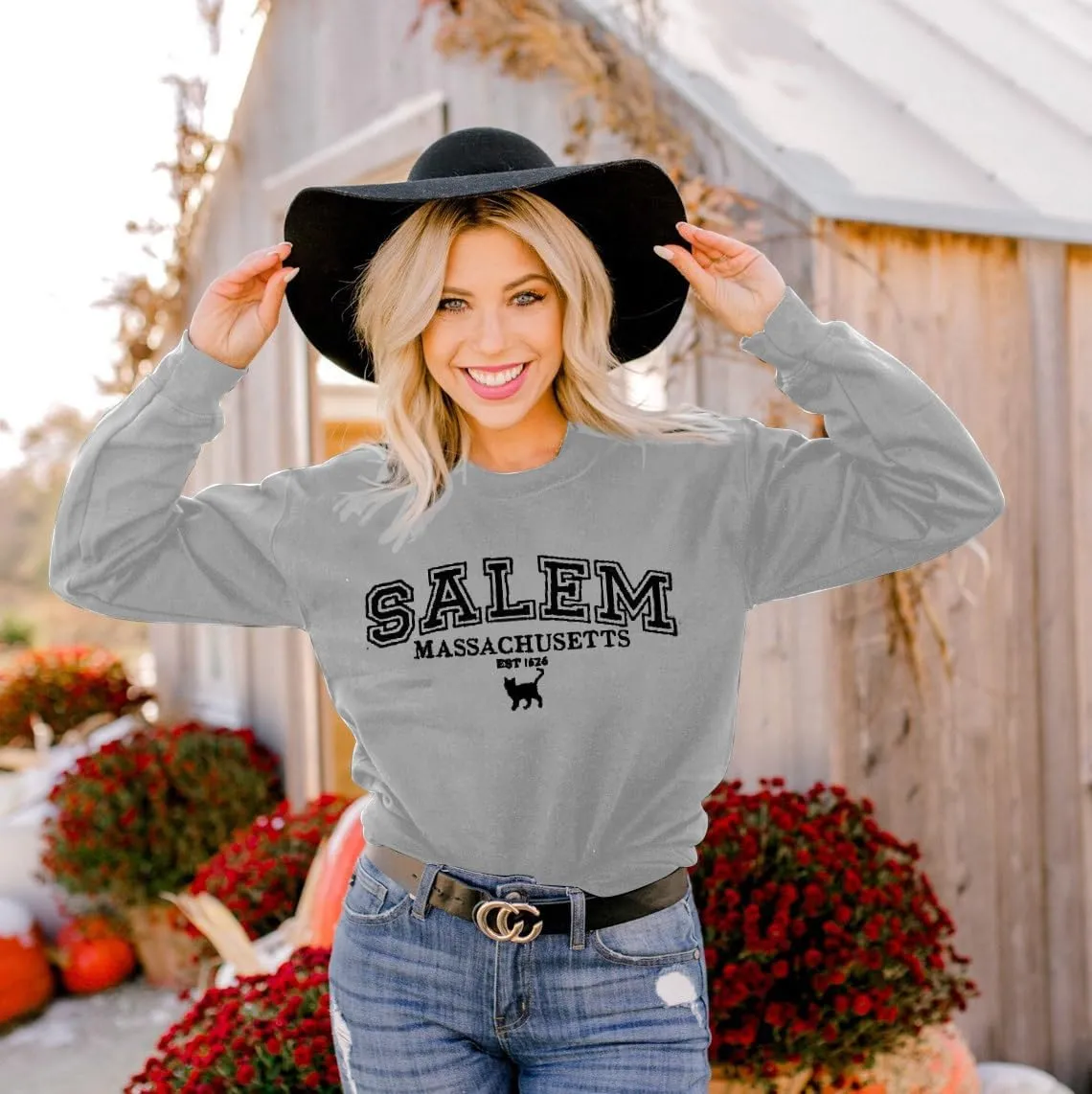 KIMSOONG Halloween Sweatshirts for Women Salem Massachusetts Shirt Fall Oversized Crewneck Sweatshirt Hocus Pocus Pullover