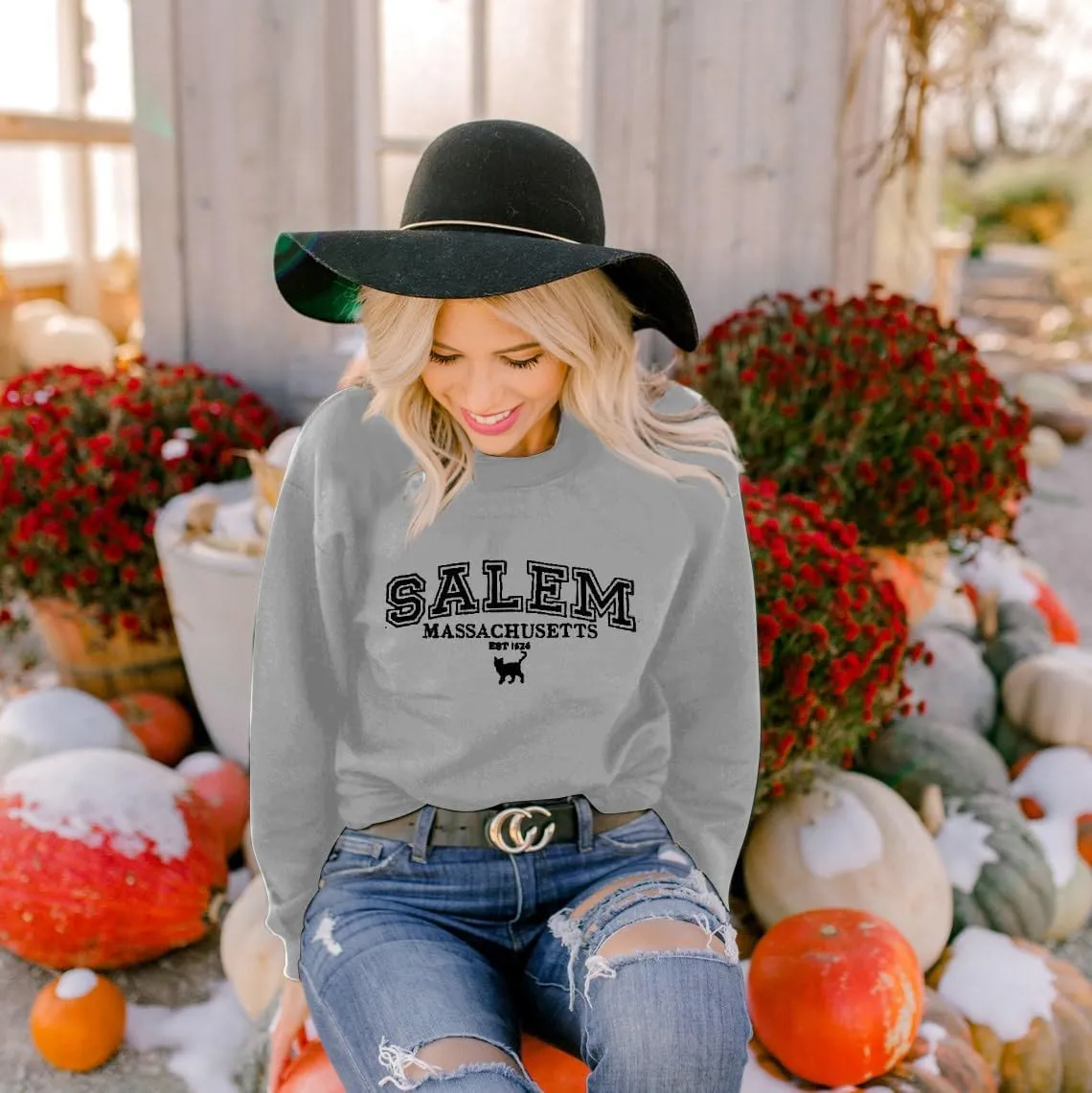 KIMSOONG Halloween Sweatshirts for Women Salem Massachusetts Shirt Fall Oversized Crewneck Sweatshirt Hocus Pocus Pullover