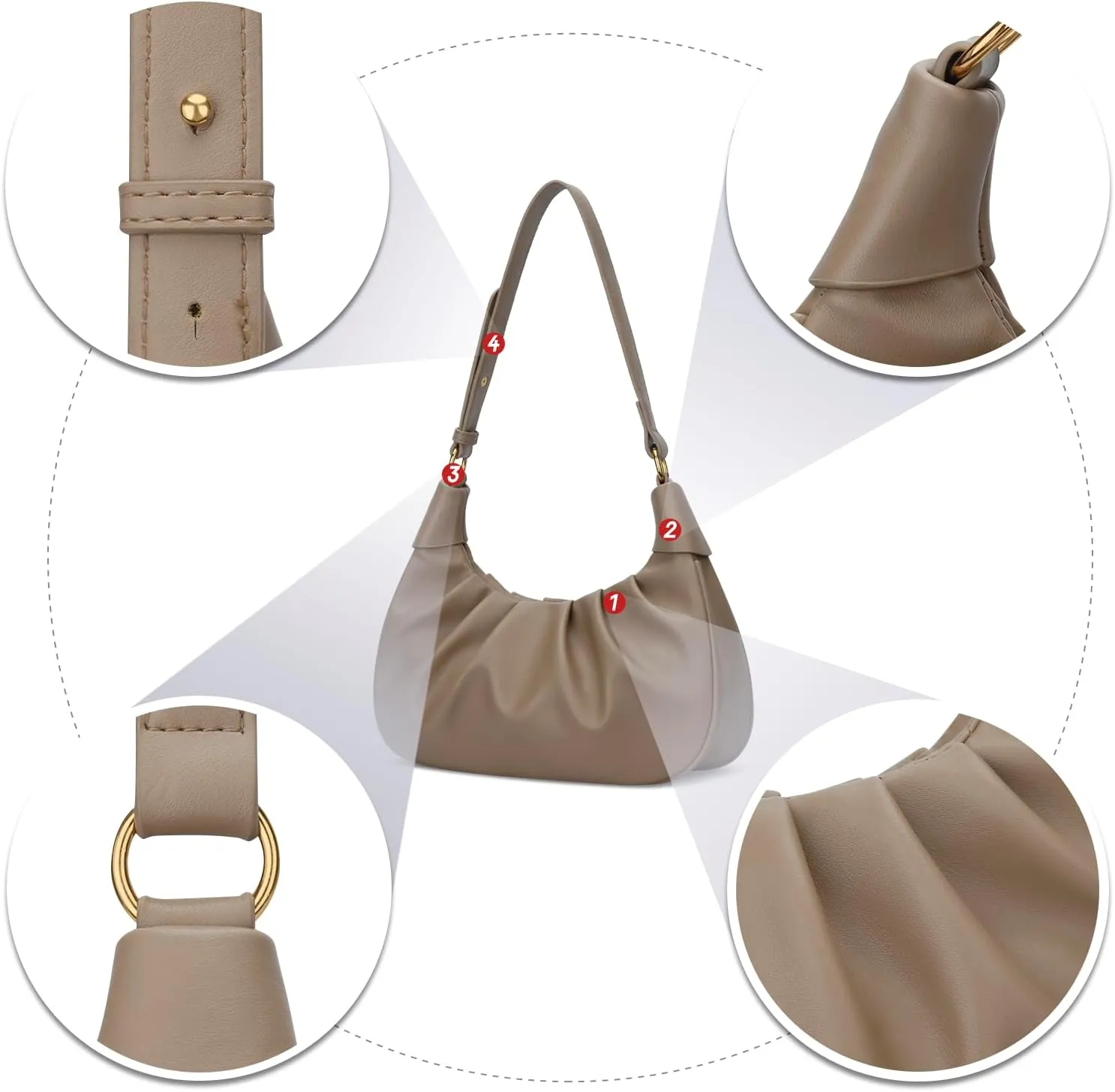 KKXIU Shoulder Bag Crescent Handbag Ruched Purse Underarm Bag Mini Hobo for Women,Detachable Gold Chain Crossbody Bag