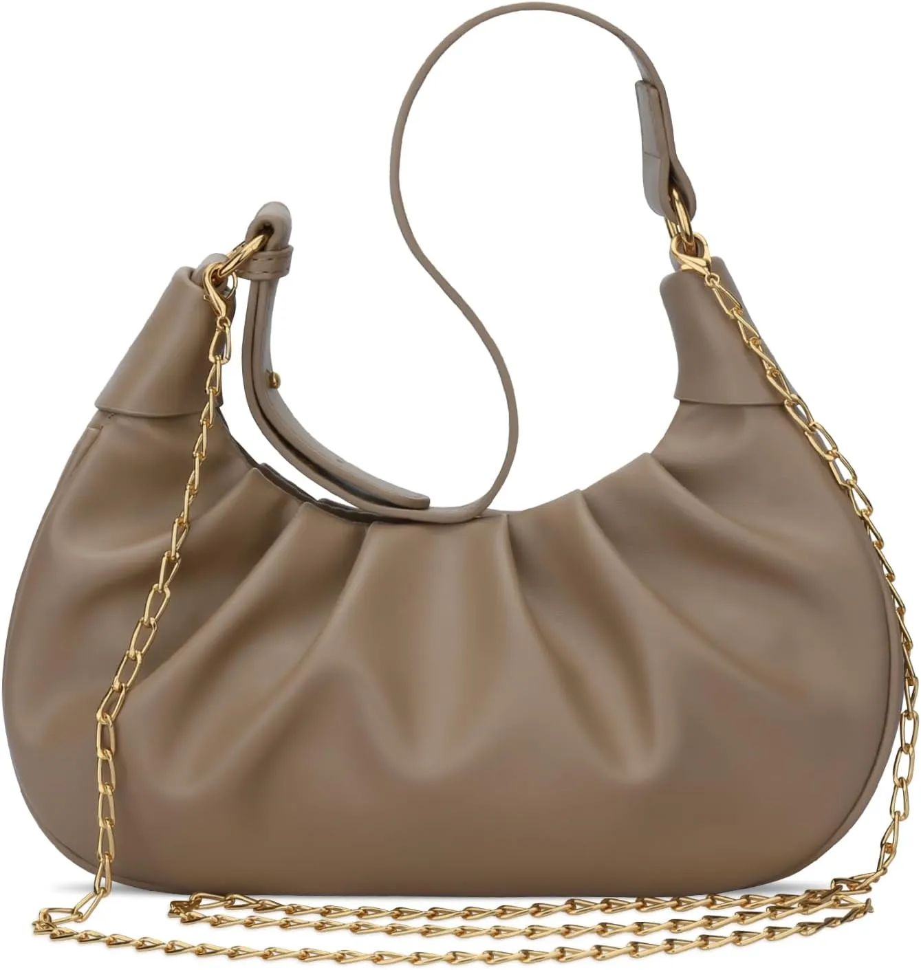 KKXIU Shoulder Bag Crescent Handbag Ruched Purse Underarm Bag Mini Hobo for Women,Detachable Gold Chain Crossbody Bag