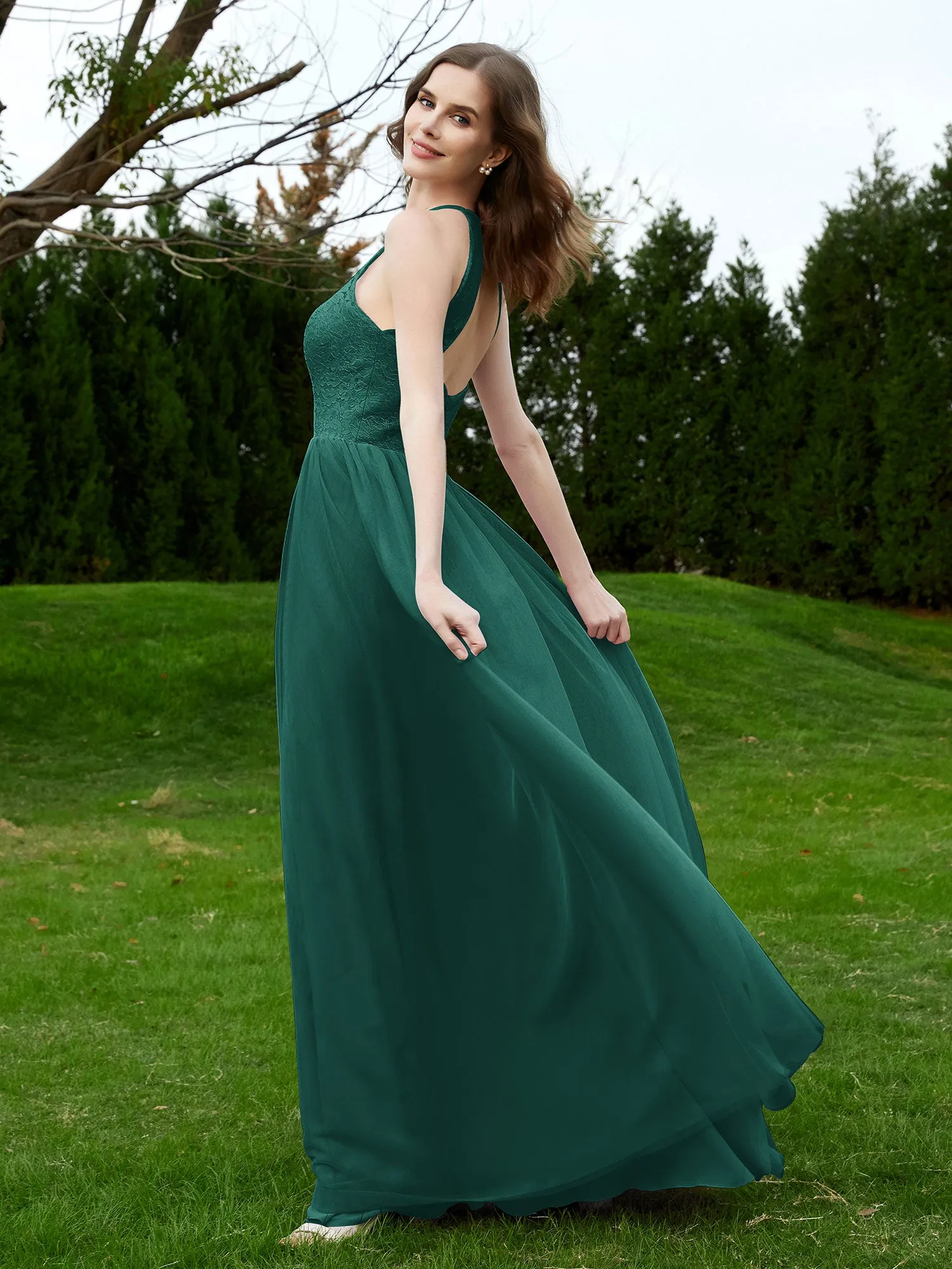 Lace Tulle Bridesmaid Gown Halter Neckline Peacock