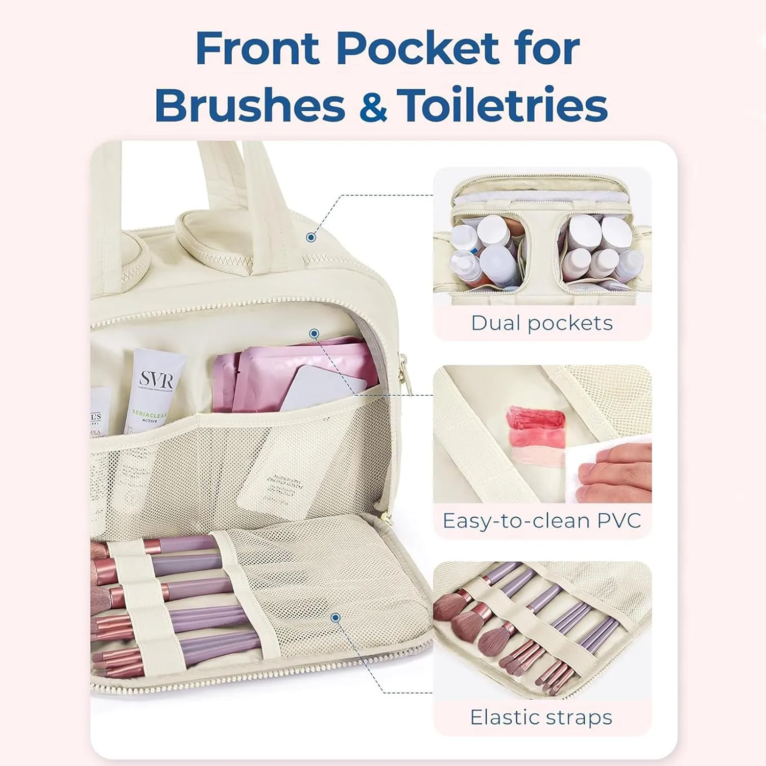 Large Capacity Wide-Open Travel Cosmetic Bag With 4 Compartments And Handle,