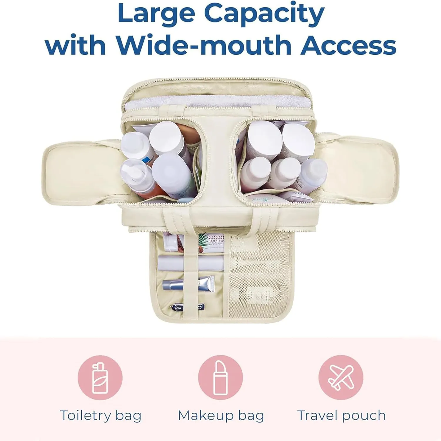 Large Capacity Wide-Open Travel Cosmetic Bag With 4 Compartments And Handle,