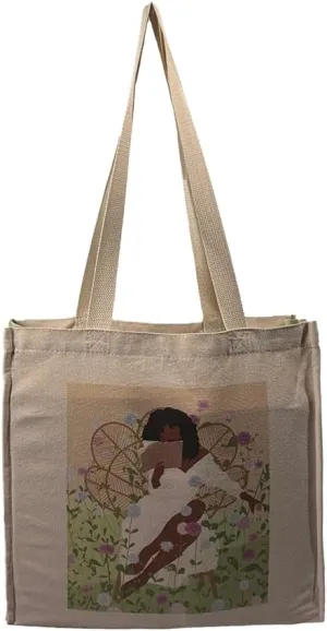 Large Lightweight Minimalist Canvas Cotton Tote Bag with Two Sided Floral Design For Women Adults Reusuable Hand Bag Grocery Shopping Book Haul
