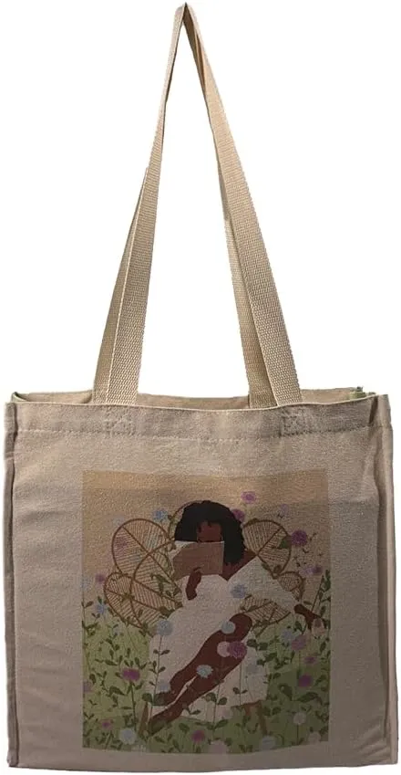 Large Lightweight Minimalist Canvas Cotton Tote Bag with Two Sided Floral Design For Women Adults Reusuable Hand Bag Grocery Shopping Book Haul