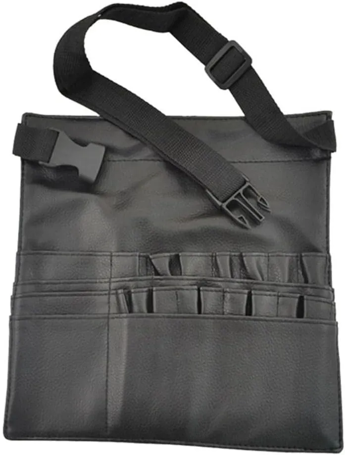 Leadigol Makeup Brush Sash Bag with Belt Strap Makeup Tool Multi Pockets Large Capacity Professional PU Leather Black Dresser Brush Holder for Artist,Women