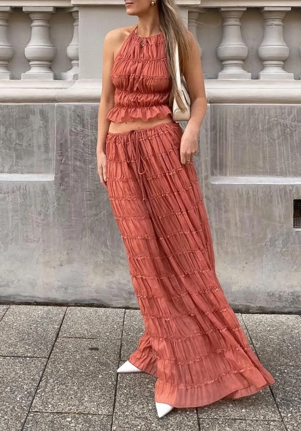 LETSVDO Skirt Sets Women 2 Piece Outfits Backless Halter Top And Pleated Ruffle Flowy Maxi Skirts Y2k Beach Vacation Set