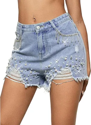 LifeShe Women Denim Short Rhinestone Tassel Jean Short Pearl Beaded Frayed Raw Hem Jean Shorts