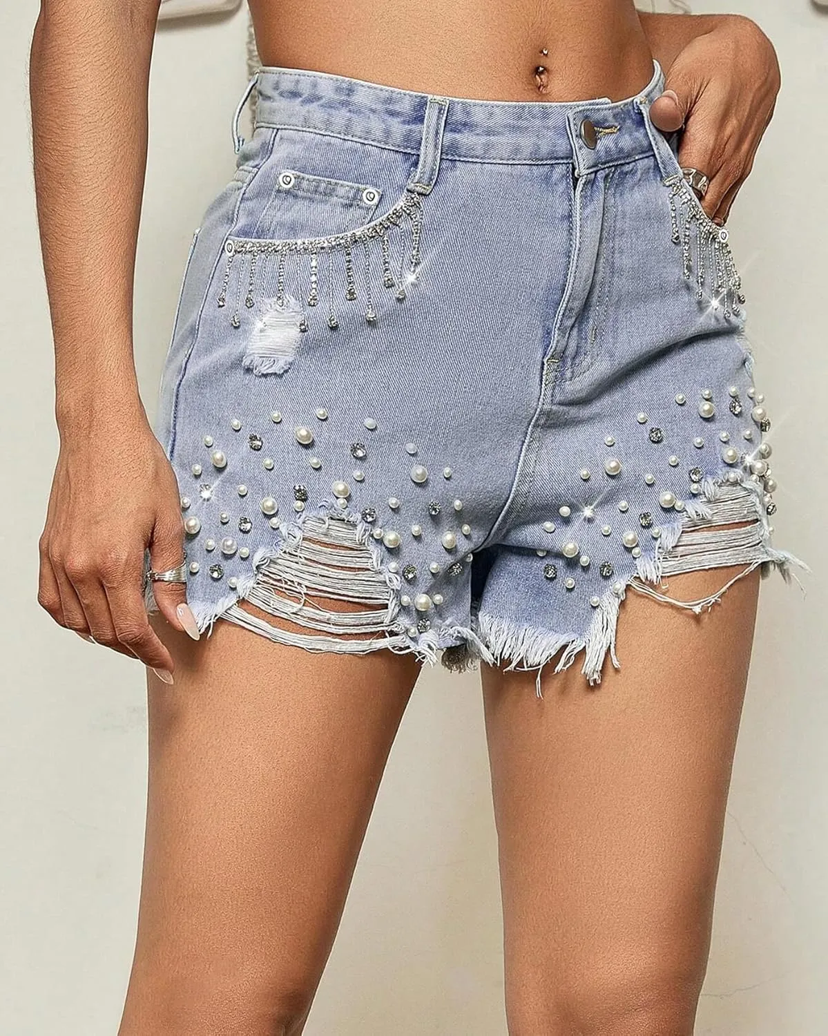 LifeShe Women Denim Short Rhinestone Tassel Jean Short Pearl Beaded Frayed Raw Hem Jean Shorts