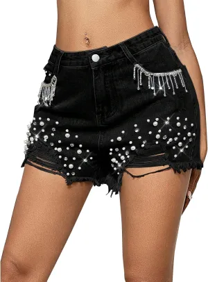 LifeShe Women Denim Short Rhinestone Tassel Jean Short Pearl Beaded Frayed Raw Hem Jean Shorts