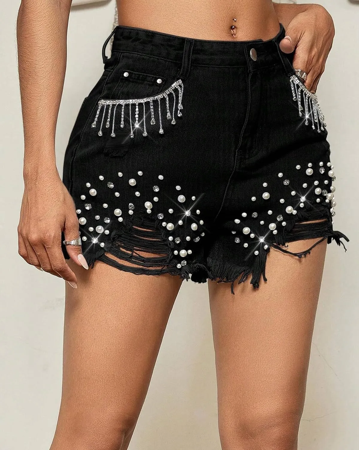 LifeShe Women Denim Short Rhinestone Tassel Jean Short Pearl Beaded Frayed Raw Hem Jean Shorts