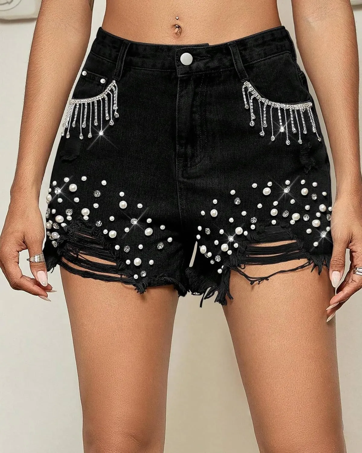 LifeShe Women Denim Short Rhinestone Tassel Jean Short Pearl Beaded Frayed Raw Hem Jean Shorts