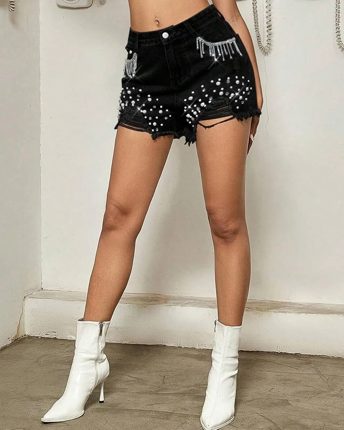 LifeShe Women Denim Short Rhinestone Tassel Jean Short Pearl Beaded Frayed Raw Hem Jean Shorts