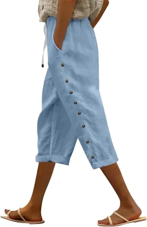 Linen Pants Women Color Cotton Linen Elastic Seven Pants Beach Casual Pants High Waisted Wide Leg Long Lounge Trousers