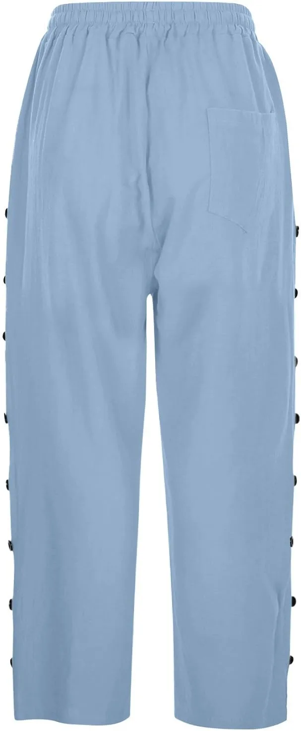 Linen Pants Women Color Cotton Linen Elastic Seven Pants Beach Casual Pants High Waisted Wide Leg Long Lounge Trousers