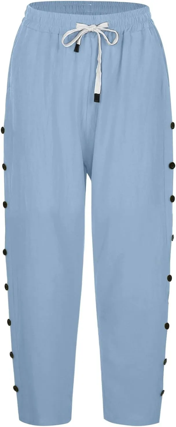 Linen Pants Women Color Cotton Linen Elastic Seven Pants Beach Casual Pants High Waisted Wide Leg Long Lounge Trousers