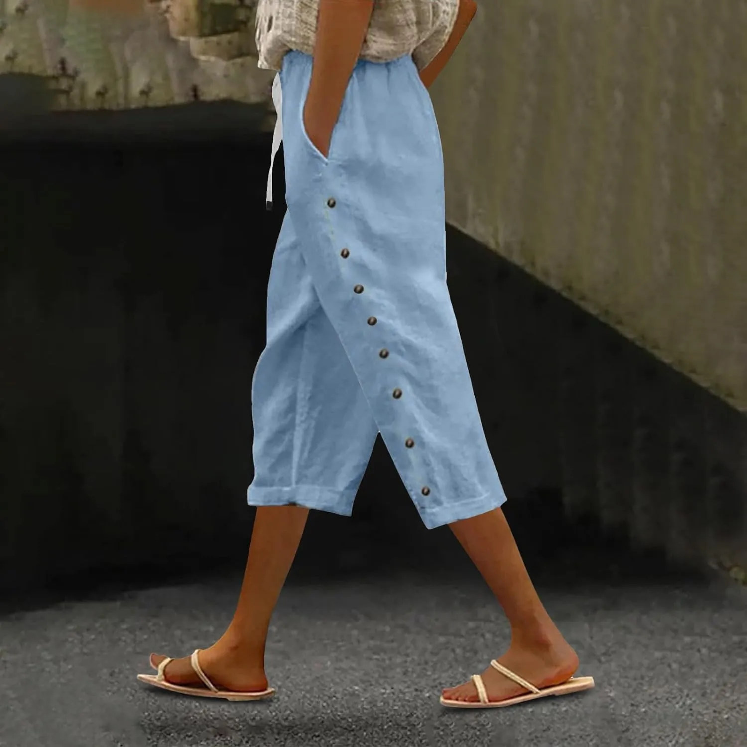 Linen Pants Women Color Cotton Linen Elastic Seven Pants Beach Casual Pants High Waisted Wide Leg Long Lounge Trousers