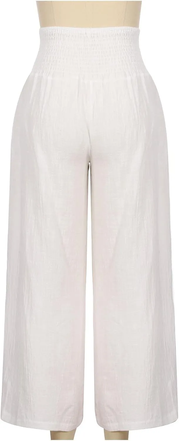 Linen Pants Women High Waist Wide Leg Pants Beach Vacation Boho Pants Casual Vintage Linen Pants Trousers with Pockets