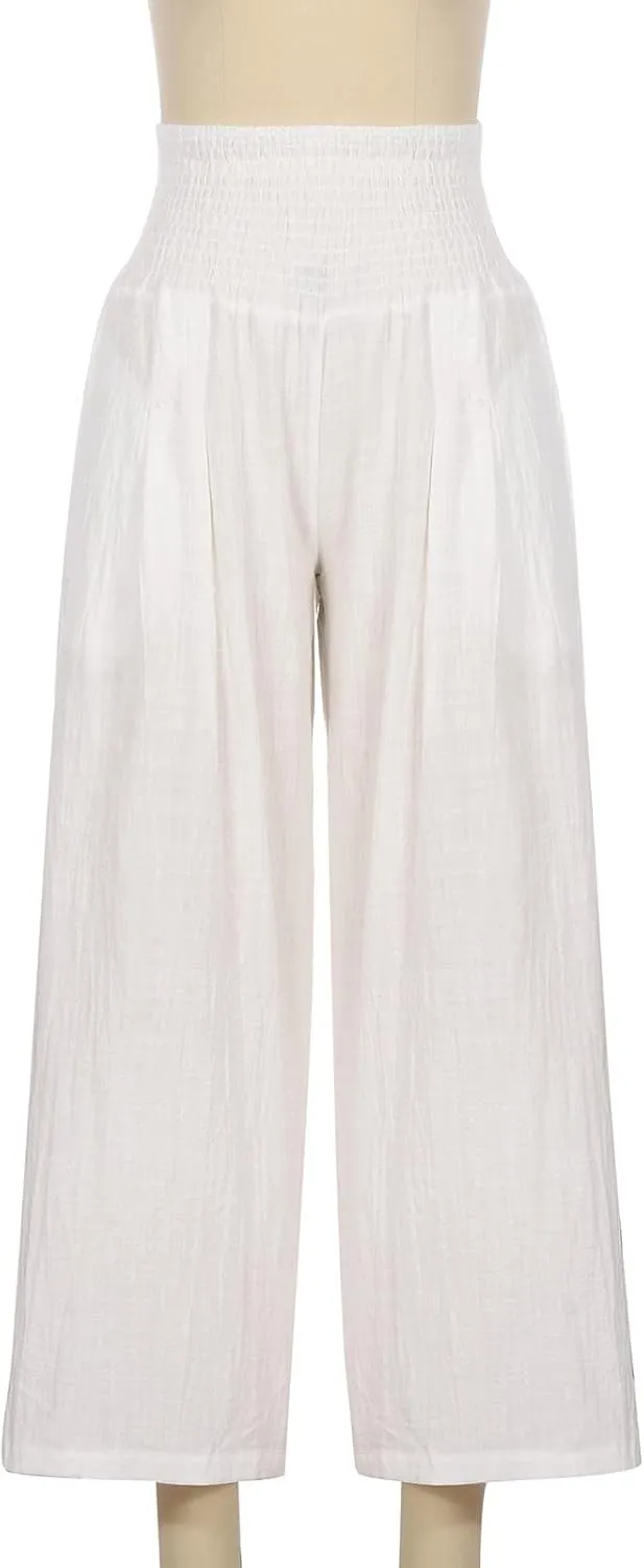 Linen Pants Women High Waist Wide Leg Pants Beach Vacation Boho Pants Casual Vintage Linen Pants Trousers with Pockets