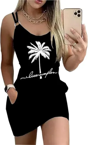 Live Simple Coconut Tree Summer Dress Women 2025 Vacation Tunic Mini Sundress Sleeveless Casual Beach Tank Dresses
