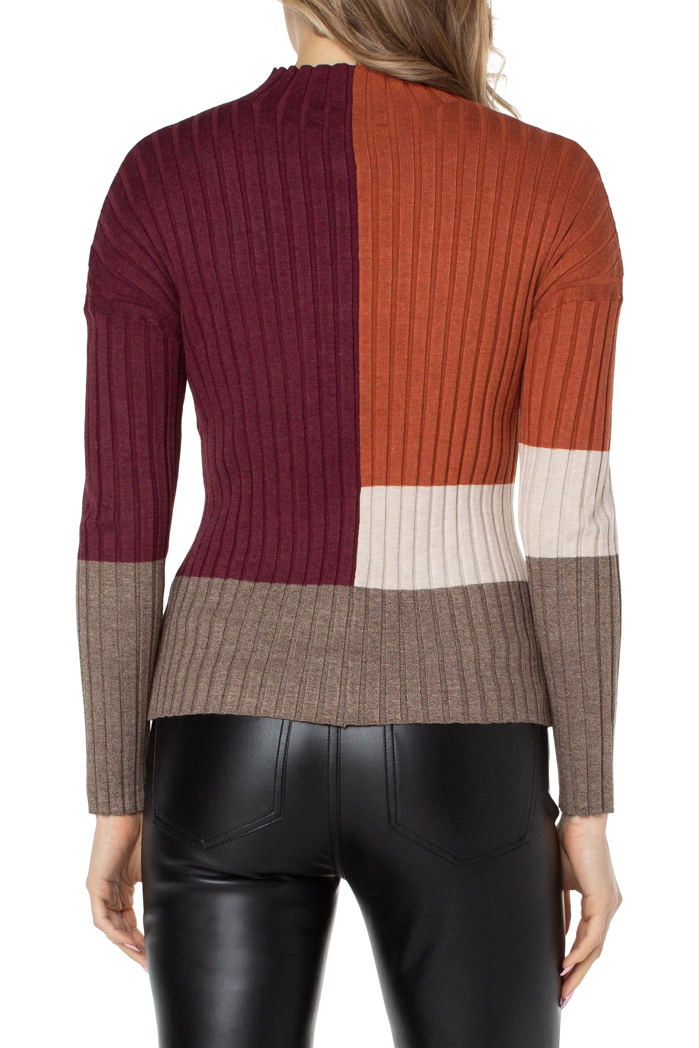 Liverpool Mock Neck Pullover Colorblock Rib Knit Sweater