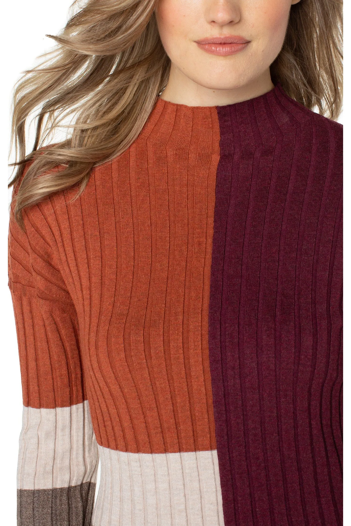 Liverpool Mock Neck Pullover Colorblock Rib Knit Sweater