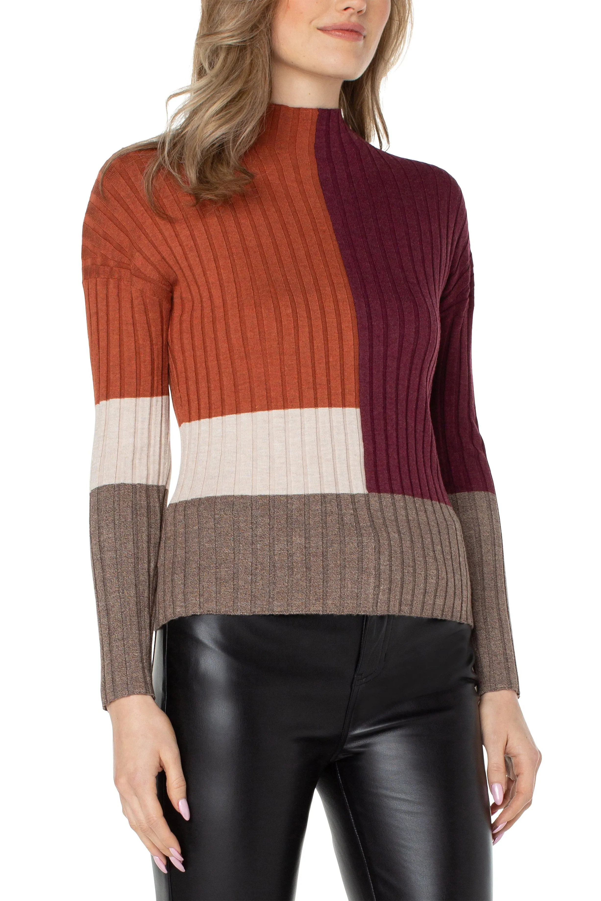 Liverpool Mock Neck Pullover Colorblock Rib Knit Sweater
