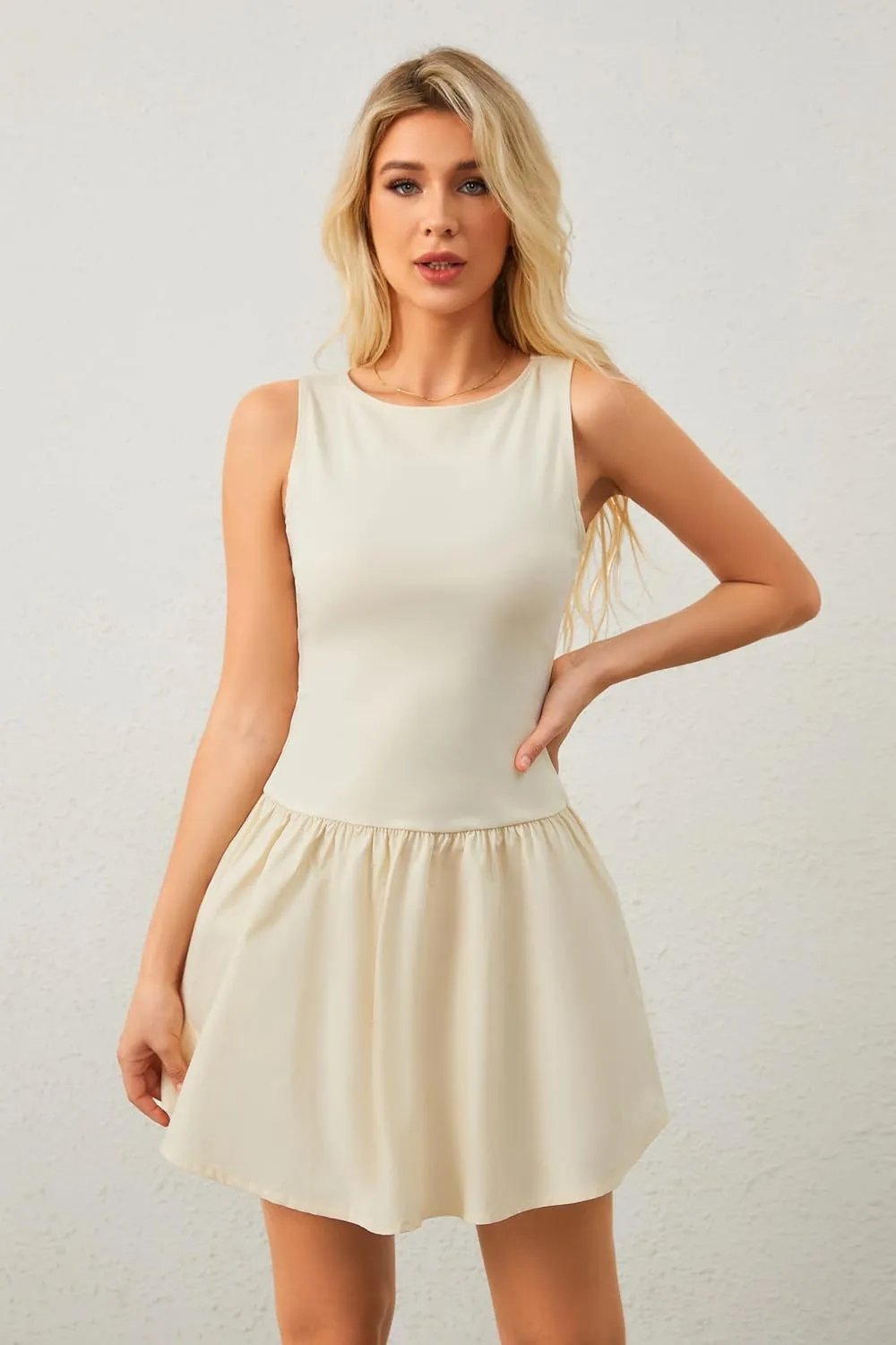 Livtany Women's Sleeveless Mini Dress Ruffle Hem Boat Neck Tank Short Dress Elegant Slim Fit Flowy Summer Beach Sundress