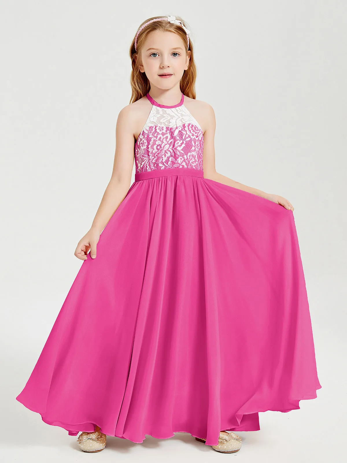 Long Chiffon Bridesmaid Dresses Lace Top Fuchsia