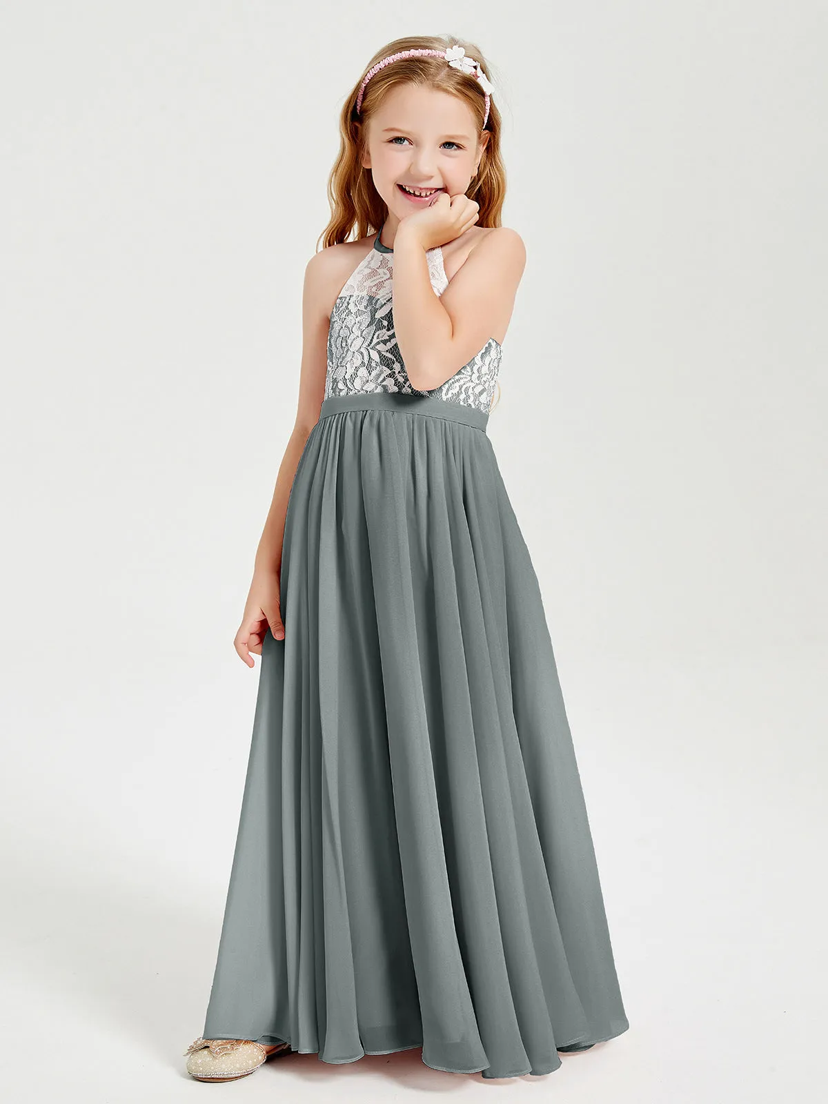 Long Chiffon Bridesmaid Dresses Lace Top Steel Grey