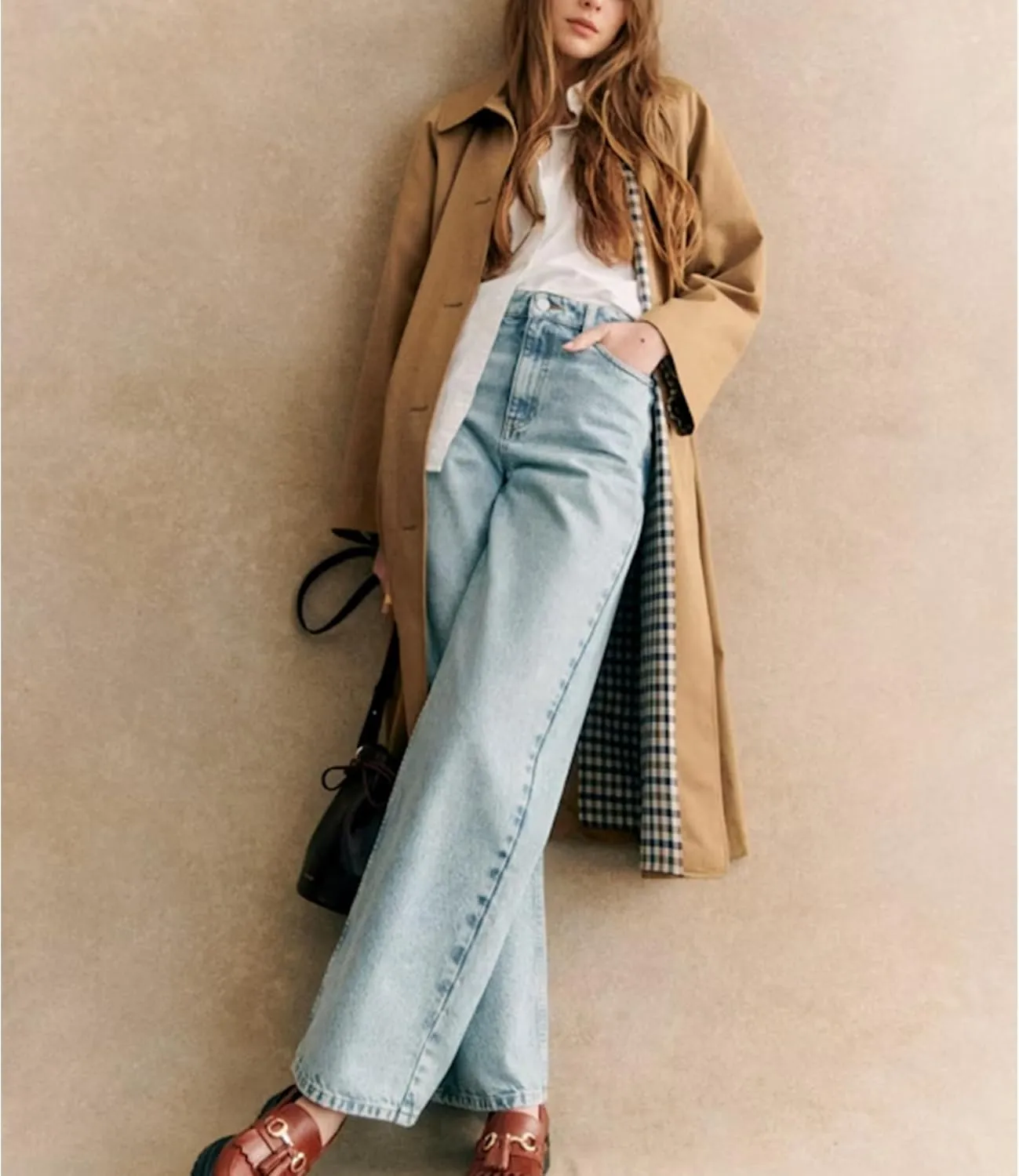 Long Trench Coat Women Single Breasted Button Down Jacket Oversized Windproof Peacoat Lapel Neck Overcoat with Pocket