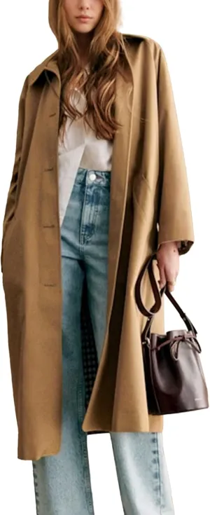 Long Trench Coat Women Single Breasted Button Down Jacket Oversized Windproof Peacoat Lapel Neck Overcoat with Pocket