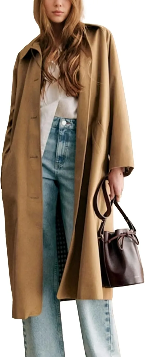 Long Trench Coat Women Single Breasted Button Down Jacket Oversized Windproof Peacoat Lapel Neck Overcoat with Pocket