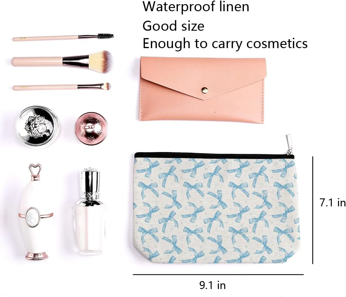 LONGXIN Coquette Makeup Bag Trendy Teen Girls Gifts Blue Bow Pouch Bag Gift for Women Aesthetic Cosmetic Bag Preppy Stuff Trendy Preppy Makeup Bag Funky Zipper Travel Toiletry Bag