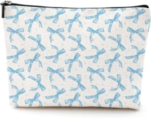LONGXIN Coquette Makeup Bag Trendy Teen Girls Gifts Blue Bow Pouch Bag Gift for Women Aesthetic Cosmetic Bag Preppy Stuff Trendy Preppy Makeup Bag Funky Zipper Travel Toiletry Bag