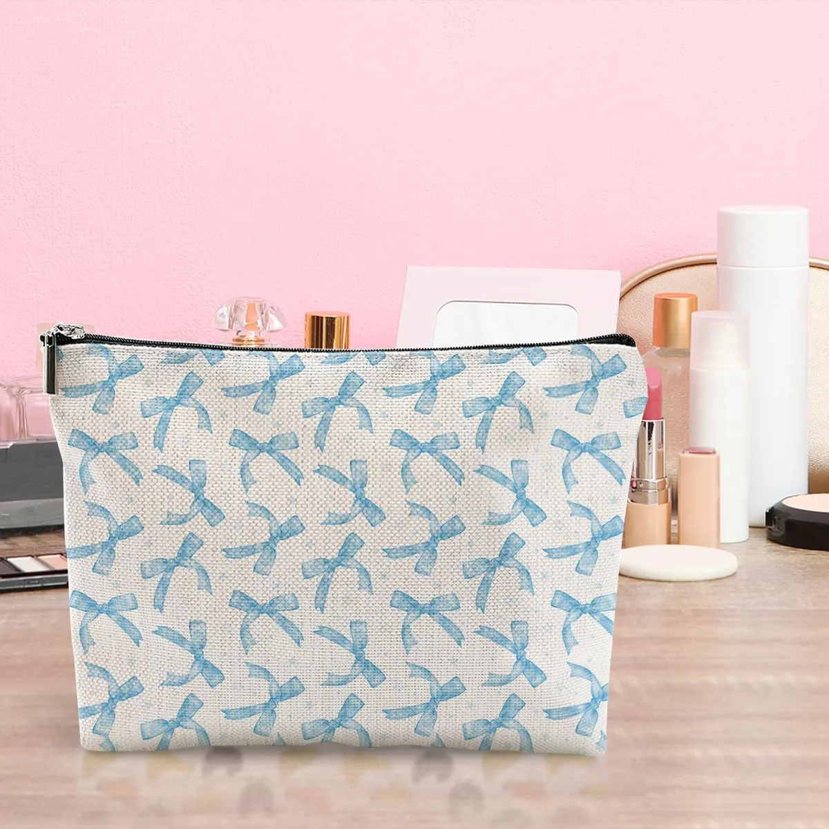 LONGXIN Coquette Makeup Bag Trendy Teen Girls Gifts Blue Bow Pouch Bag Gift for Women Aesthetic Cosmetic Bag Preppy Stuff Trendy Preppy Makeup Bag Funky Zipper Travel Toiletry Bag