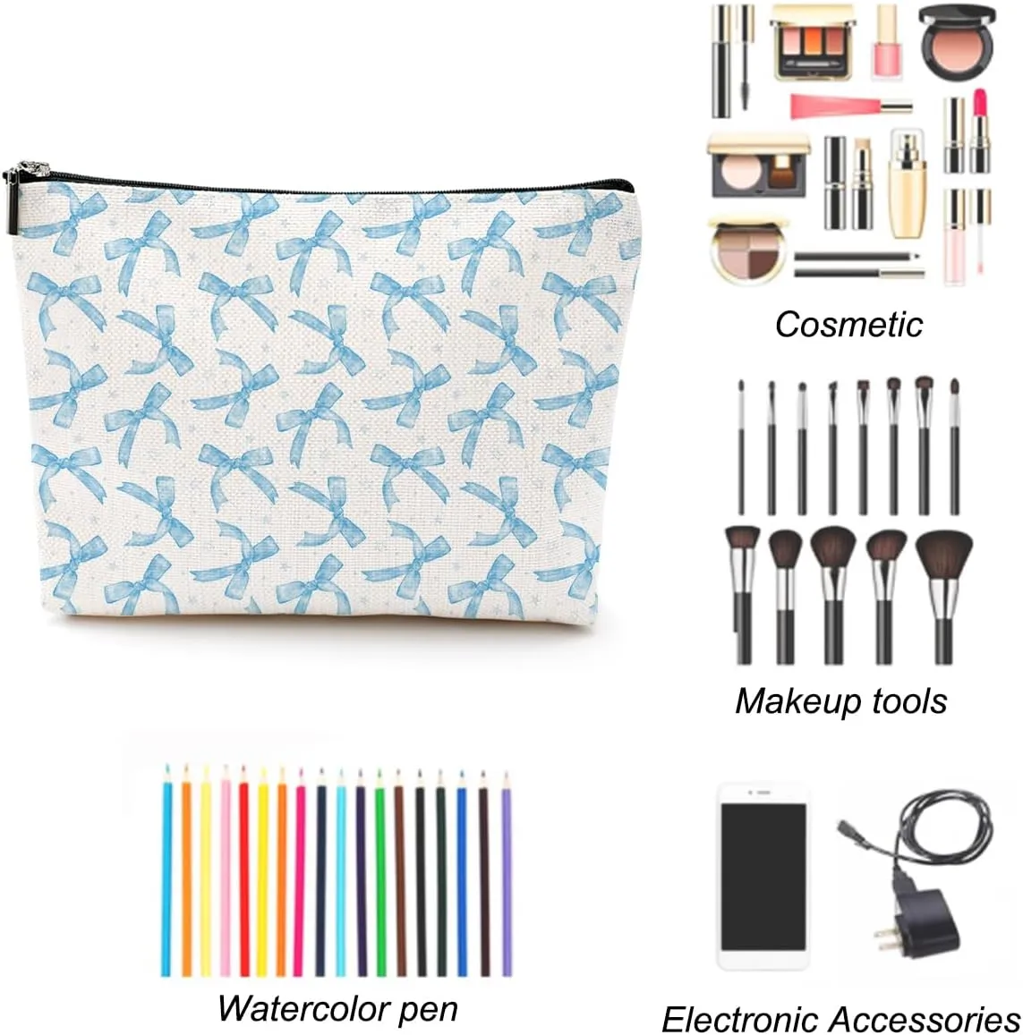 LONGXIN Coquette Makeup Bag Trendy Teen Girls Gifts Blue Bow Pouch Bag Gift for Women Aesthetic Cosmetic Bag Preppy Stuff Trendy Preppy Makeup Bag Funky Zipper Travel Toiletry Bag