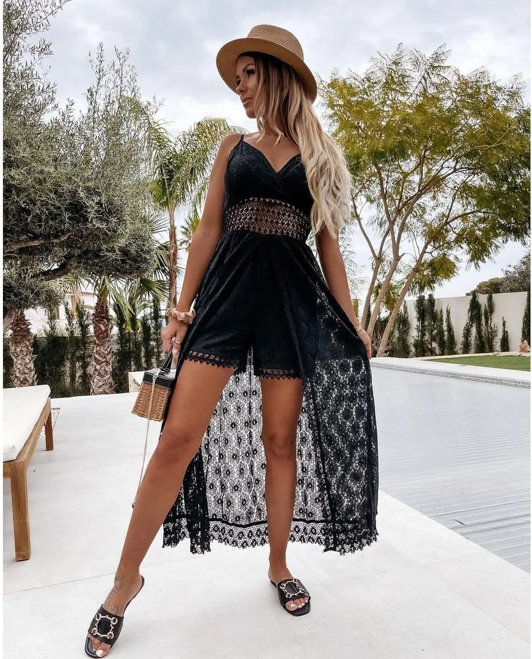 Luckinbaby Women V Neck Crochet Long Dress Spaghetti Strap Lace Embroidery Maxi Dress Summer Ruffle Flowy Beach Sundress