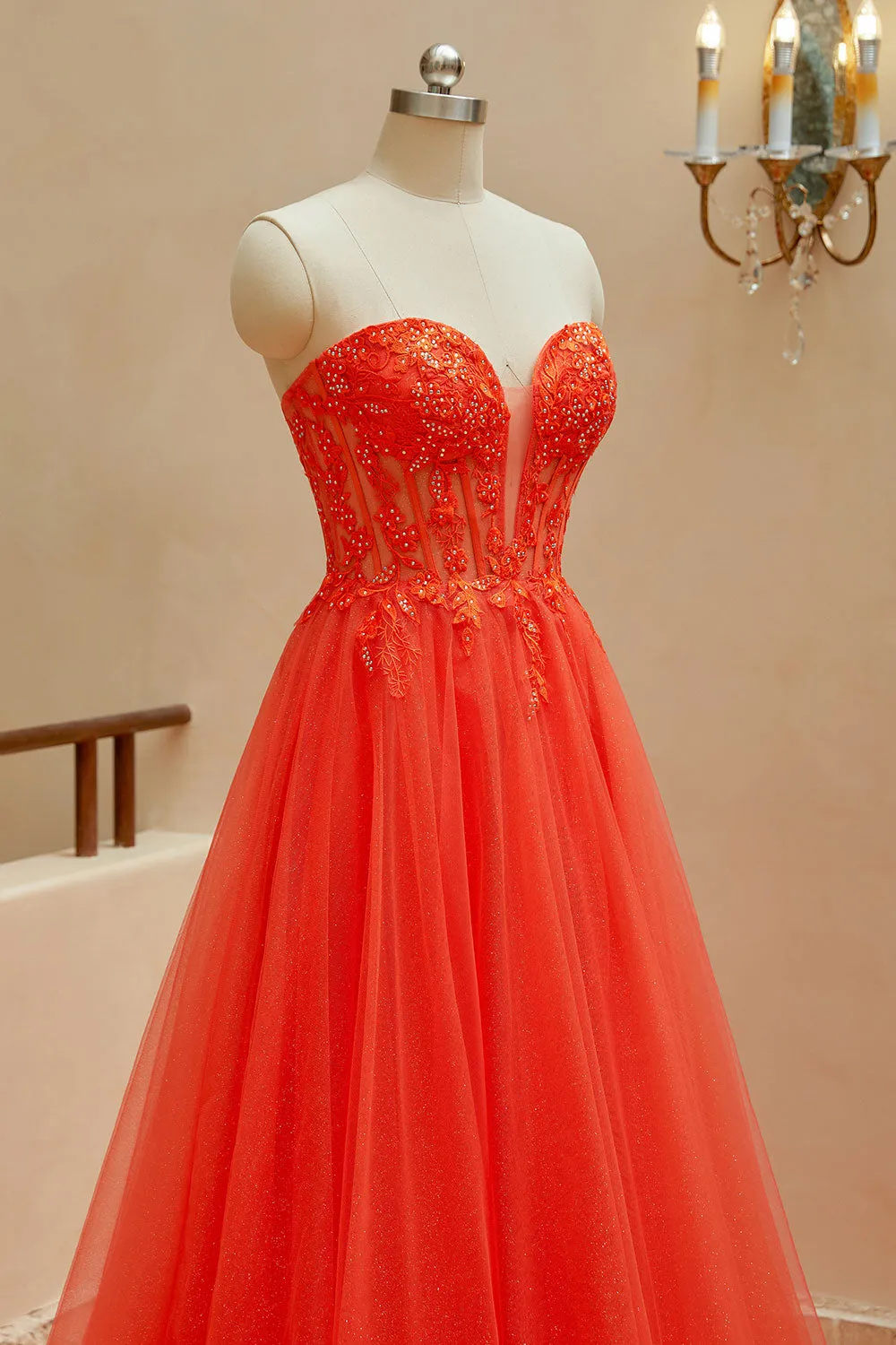 Luolandi A Line Sweetheart Tulle Beaded Prom Dresses with Appliques Off Shoulder