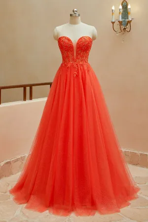 Luolandi A Line Sweetheart Tulle Beaded Prom Dresses with Appliques Off Shoulder