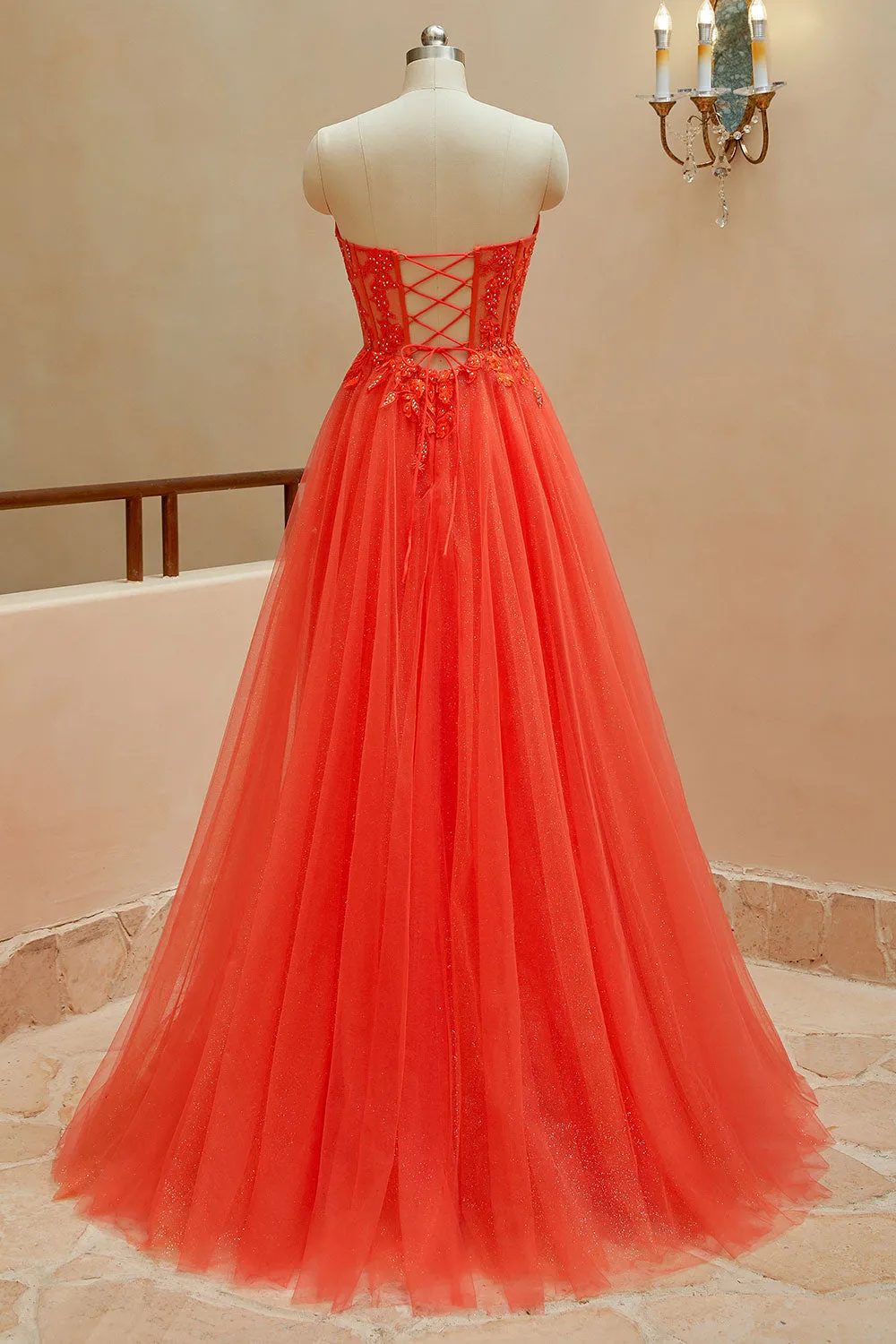 Luolandi A Line Sweetheart Tulle Beaded Prom Dresses with Appliques Off Shoulder