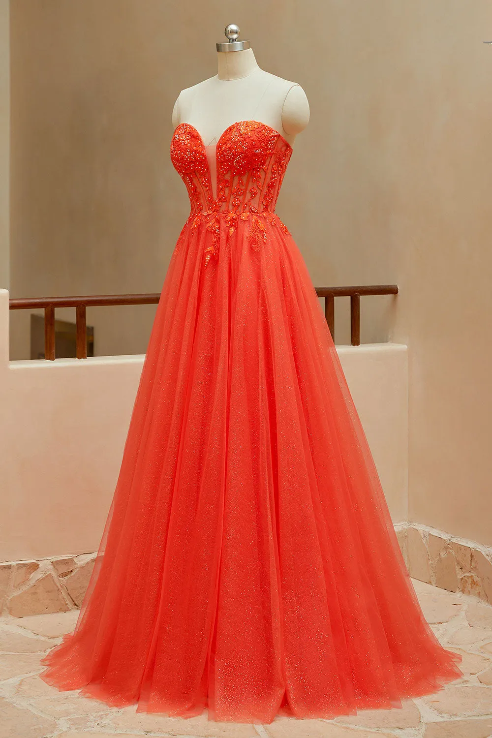 Luolandi A Line Sweetheart Tulle Beaded Prom Dresses with Appliques Off Shoulder