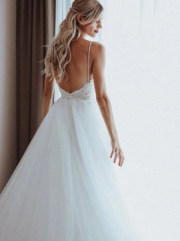 Luolandi A Line Tulle Spaghetti Straps Beaded Appliqued A-line Wedding Dresses Elegant