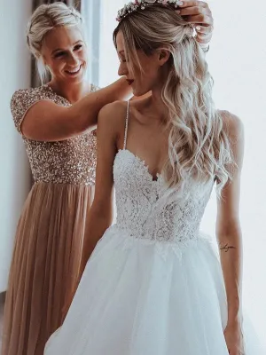 Luolandi A Line Tulle Spaghetti Straps Beaded Appliqued A-line Wedding Dresses Elegant
