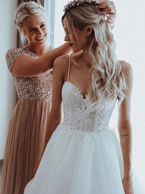Luolandi A Line Tulle Spaghetti Straps Beaded Appliqued A-line Wedding Dresses Elegant