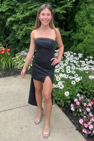 Luolandi Black Bodycon Strapless Beaded Short Homecoming Dresses with Bow Party Dress