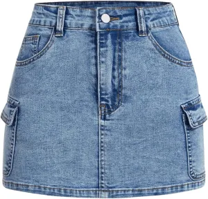 MakeMeChic Women's Casual Bodycon Washed Denim Skirt Button Front Zip Fly Mini Skirts with Flap Pocket