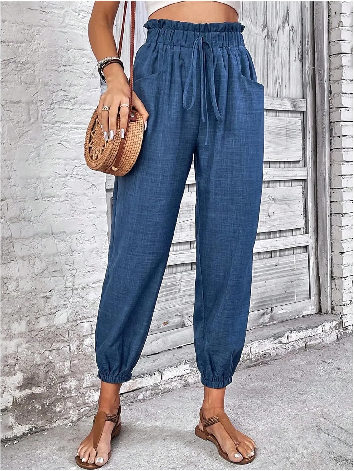 MakeMeChic Women's Casual Solid Drawstring Jogger Pants Elastic High Waist Trousers with Pocket