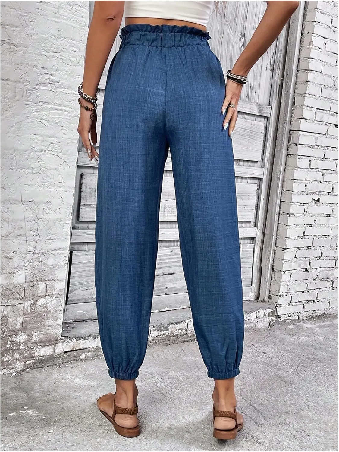 MakeMeChic Women's Casual Solid Drawstring Jogger Pants Elastic High Waist Trousers with Pocket